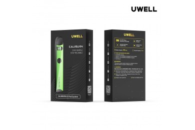 Uwell Caliburn A3 Pod System yeşil renkli cihaz kutusu ön ve arka görünüm